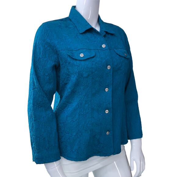 Chicos Womens Size 2 US 12 L Blue Button Front Jacket Textured Cotton Blend - Picture 10 of 15